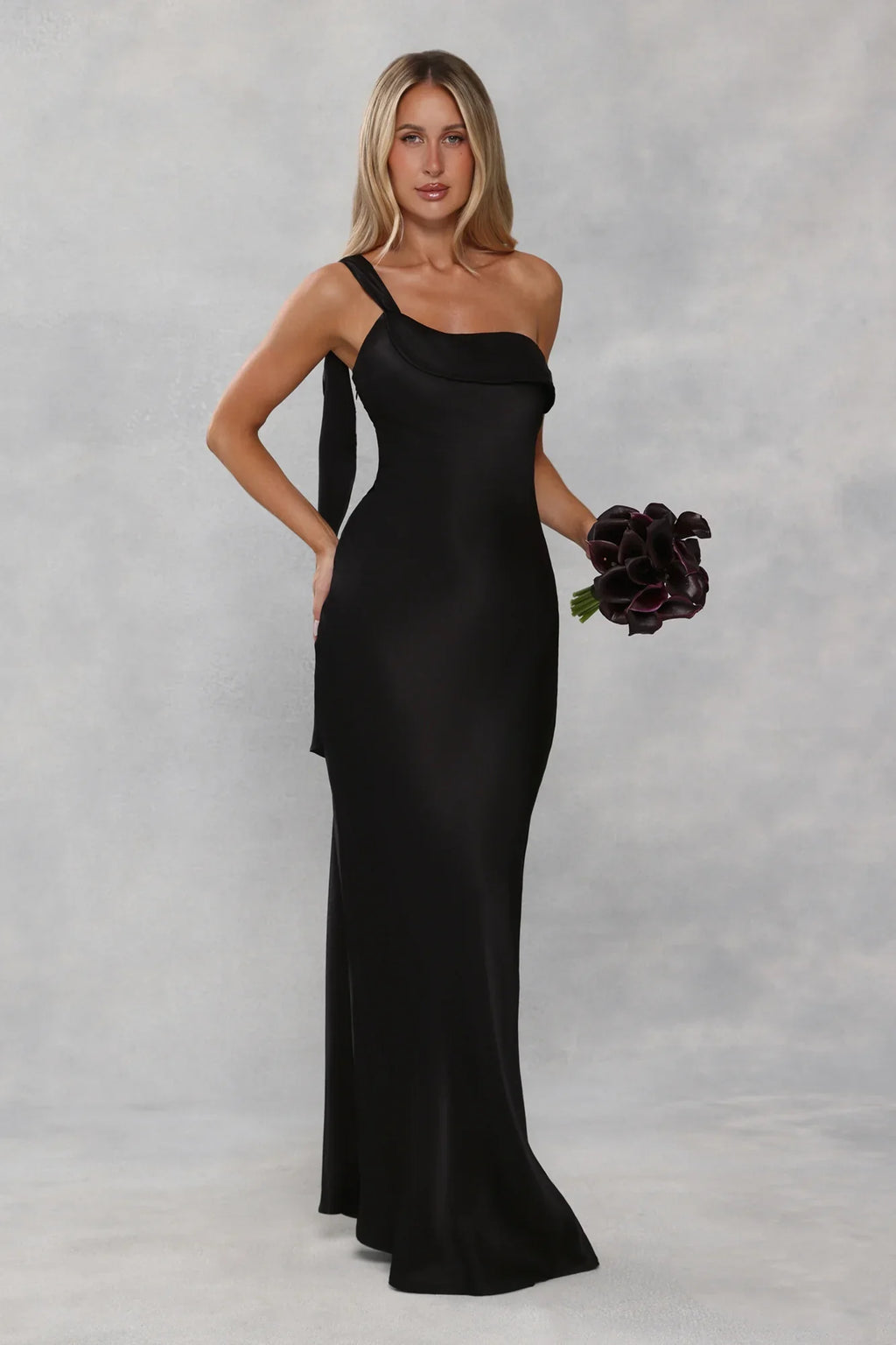 The Zafira One Shoulder Satin Maxi Dress Black