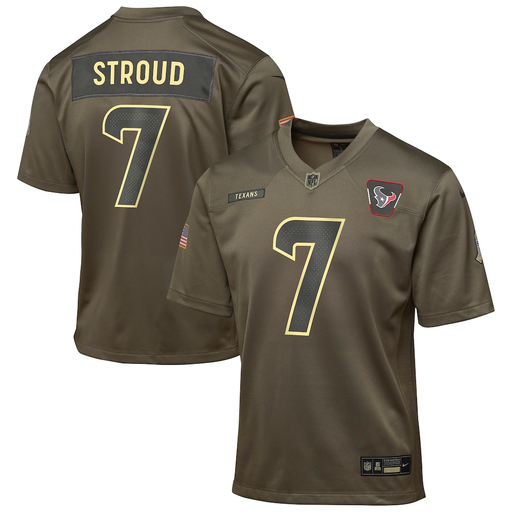 Youth Houston Texans C.J. Stroud Nike Olive 2025 Salute to Service Game Jersey