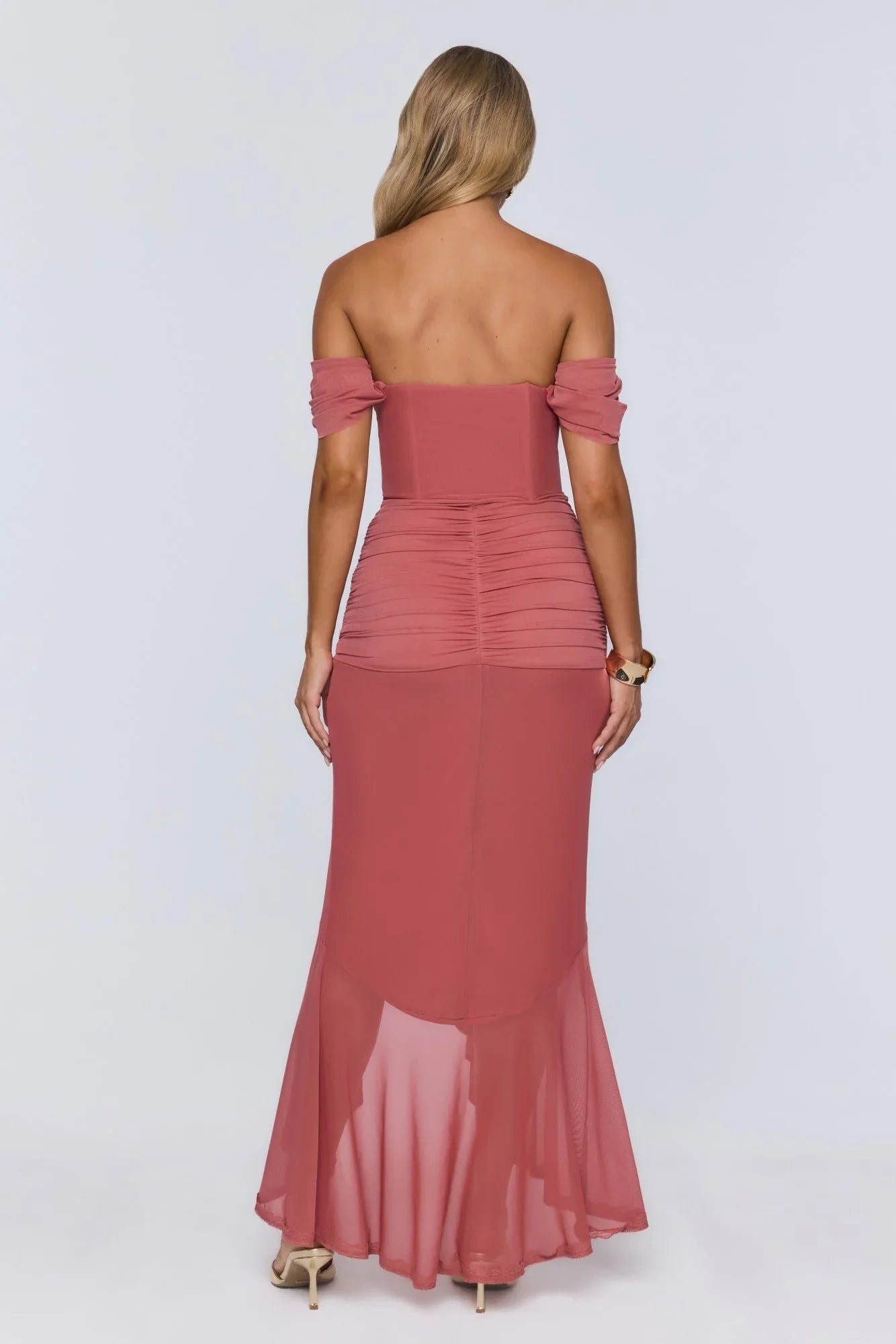 The Style Structure Mesh Off The Shoulder Maxi Dress Rose