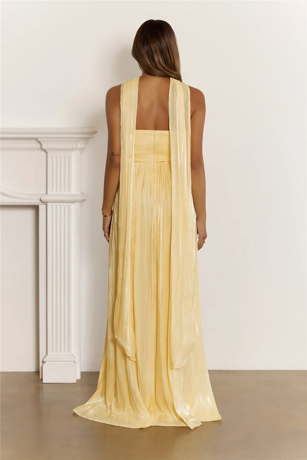 Shimmering Goddess Strapless Maxi Dress Yellow