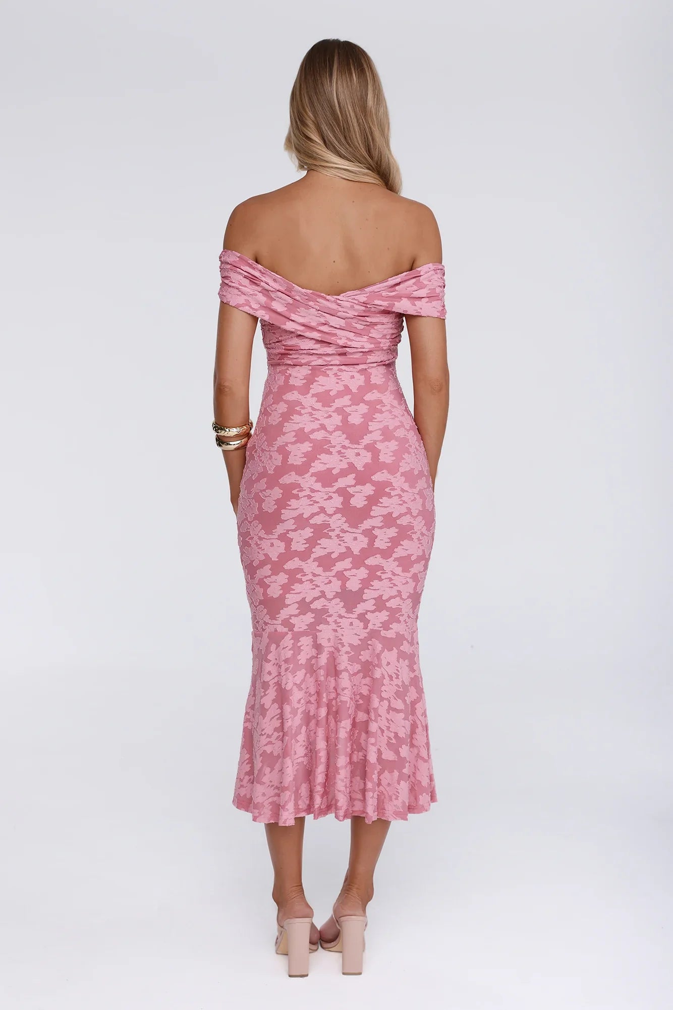 Botanical Embrace Off Shoulder Midi Dress Rose