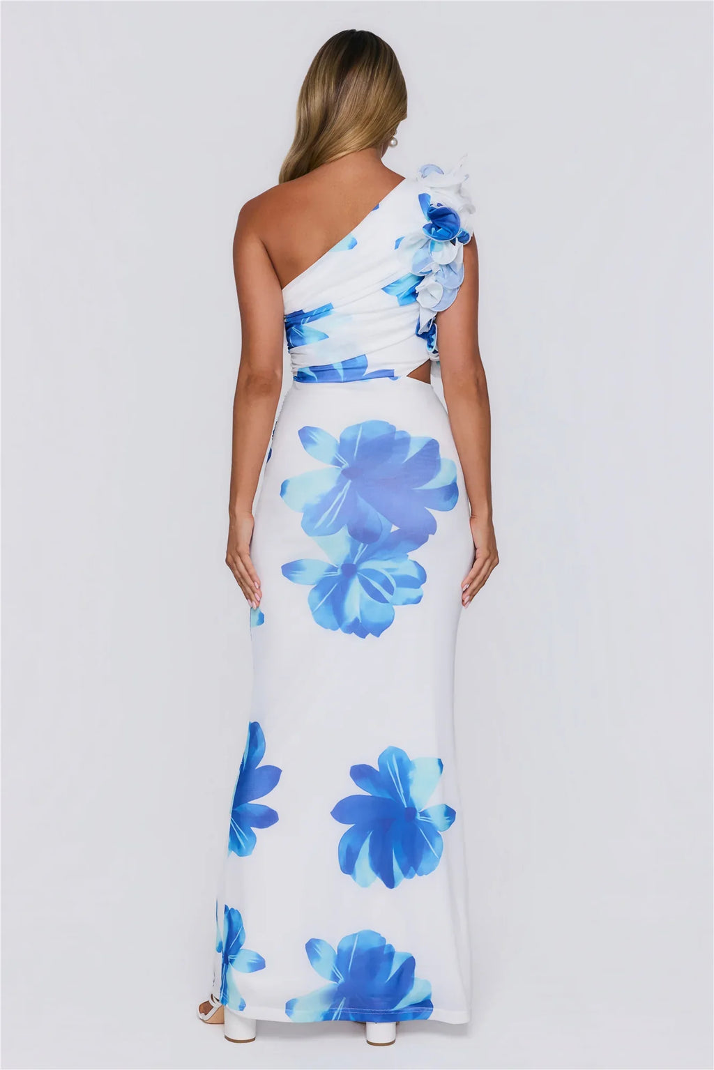 Dream Petals One Shoulder Maxi Dress Blue
