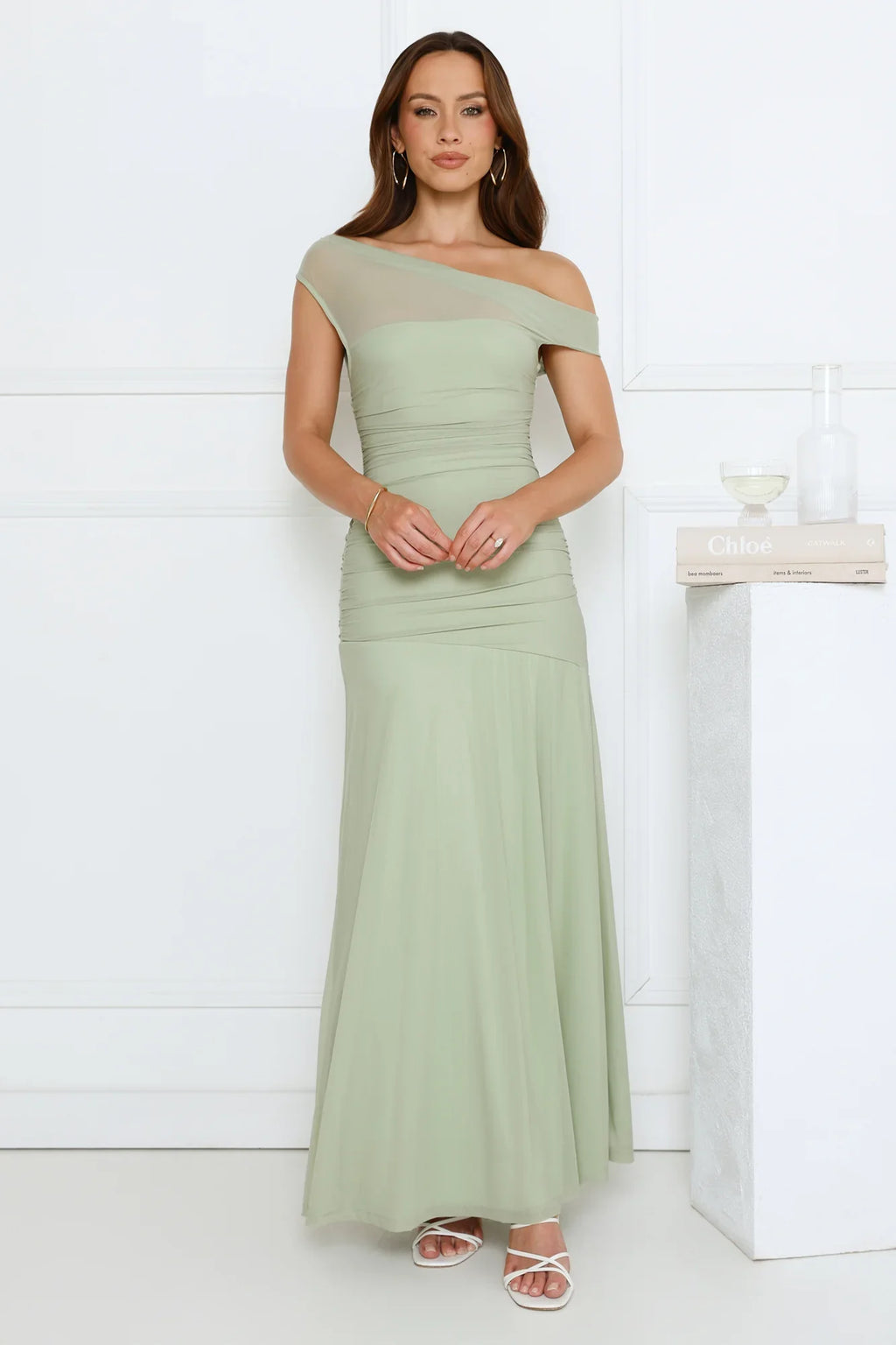 Dusk Noir Off Shoulder Maxi Dress Sage