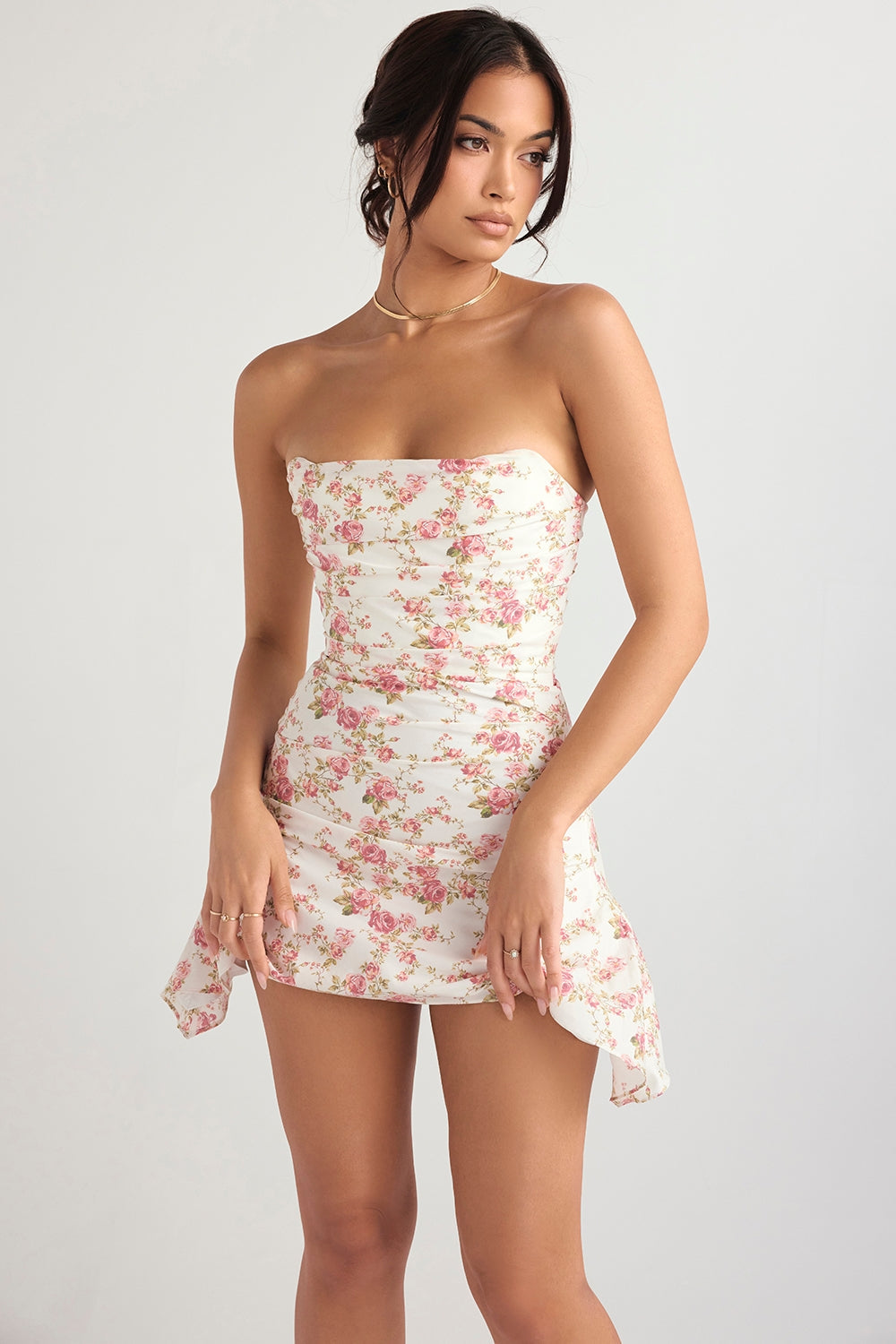 rose print draped corset dress