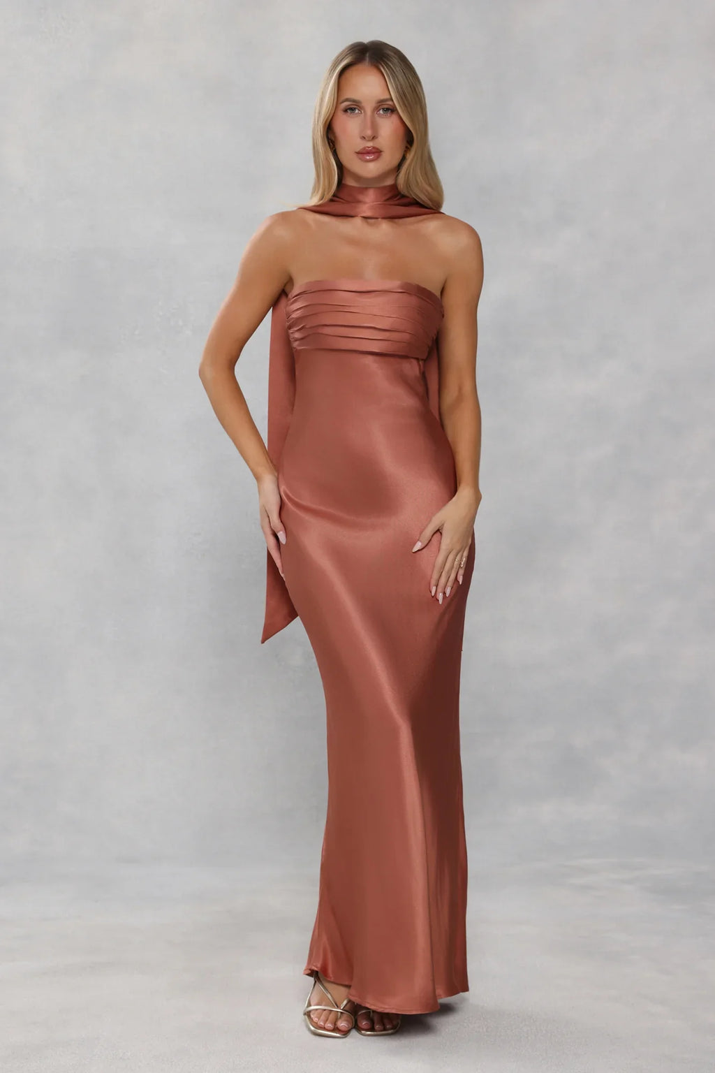 The Seraphina Strapless Satin Maxi Dress Bronze