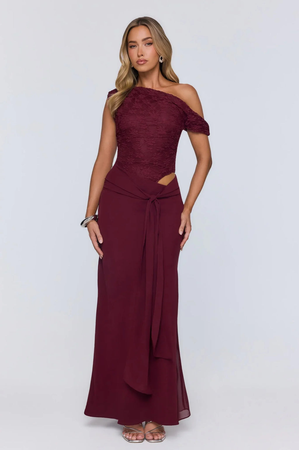 Modern Heritage Off Shoulder Maxi Dress Burgundy