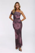Mischief Glow Off Shoulder Mesh Maxi Dress Brown