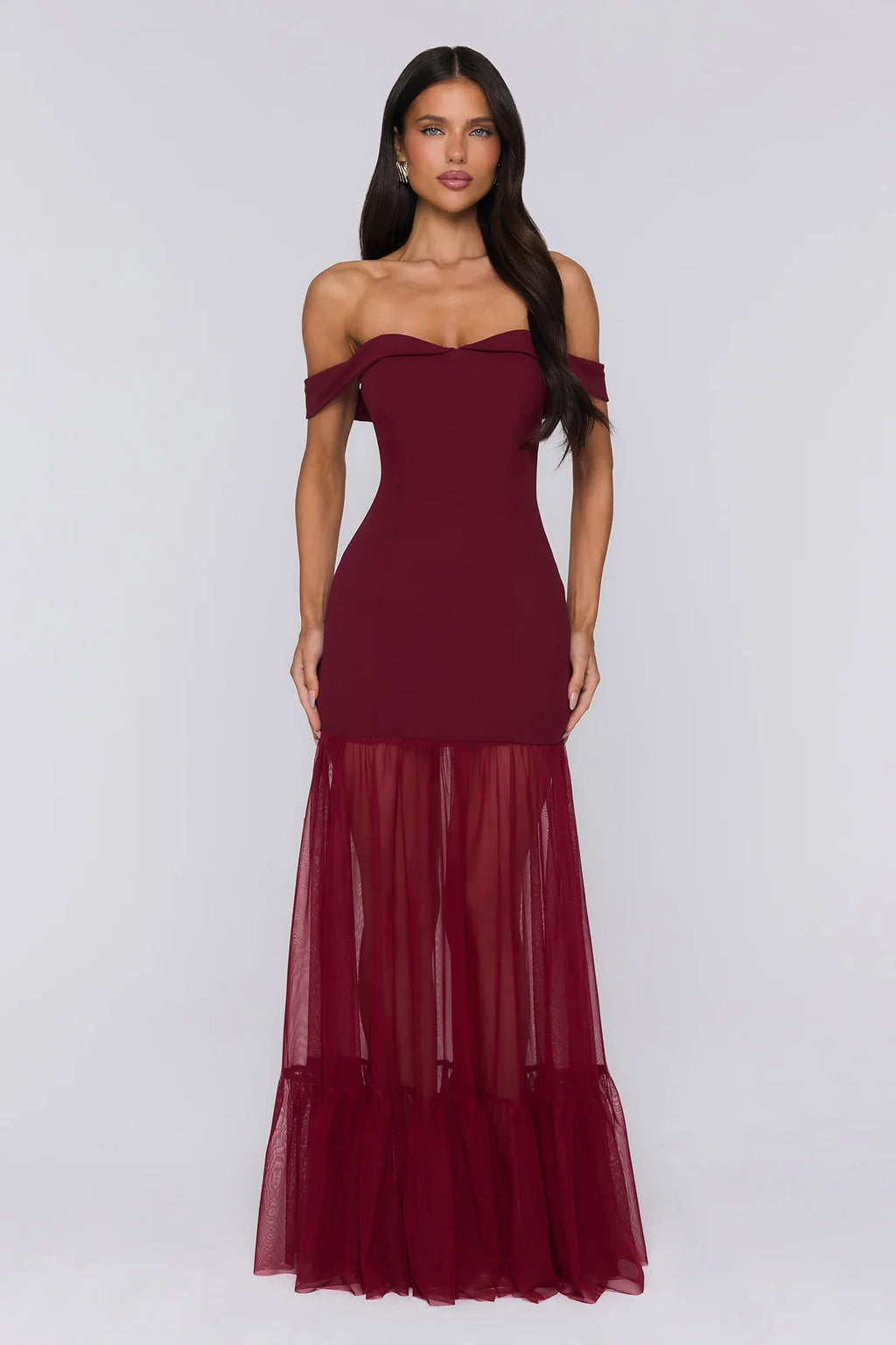 Pretty Lullaby Off Shoulder Maxi Dress Burgundy