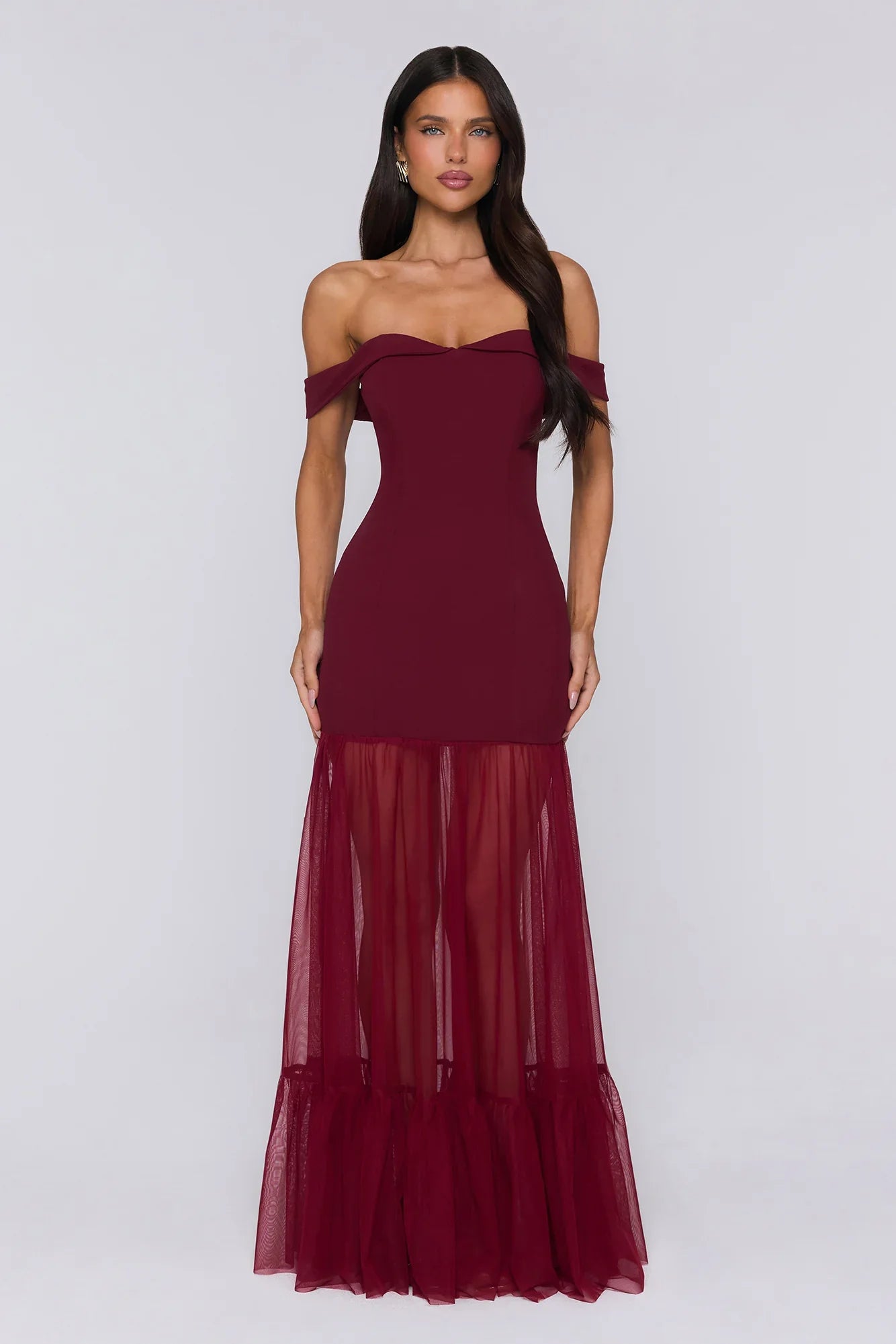 Pretty Lullaby Off Shoulder Maxi Dress Burgundy