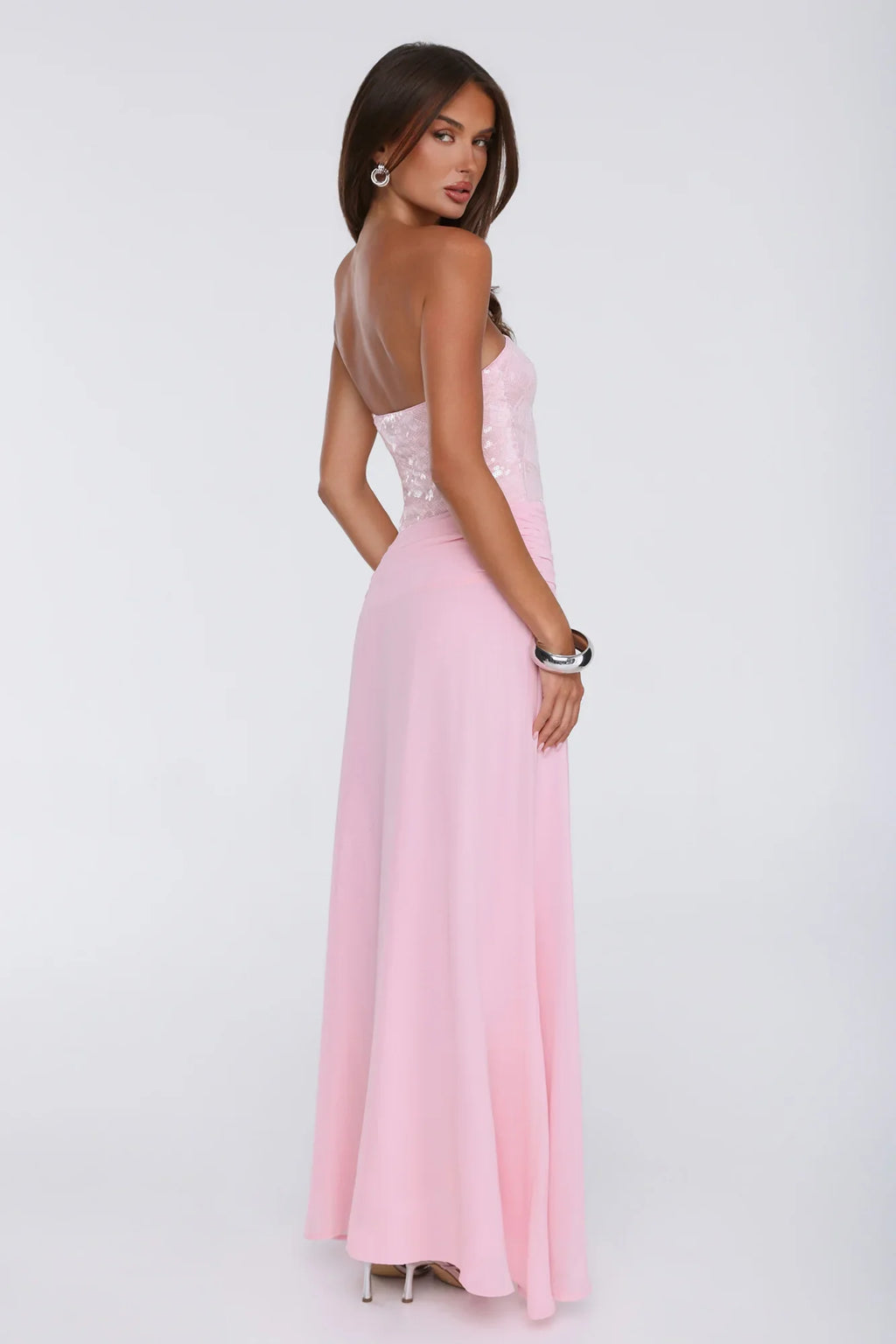 Shine Into Midnight Strapless Sequin Maxi Dress Pink