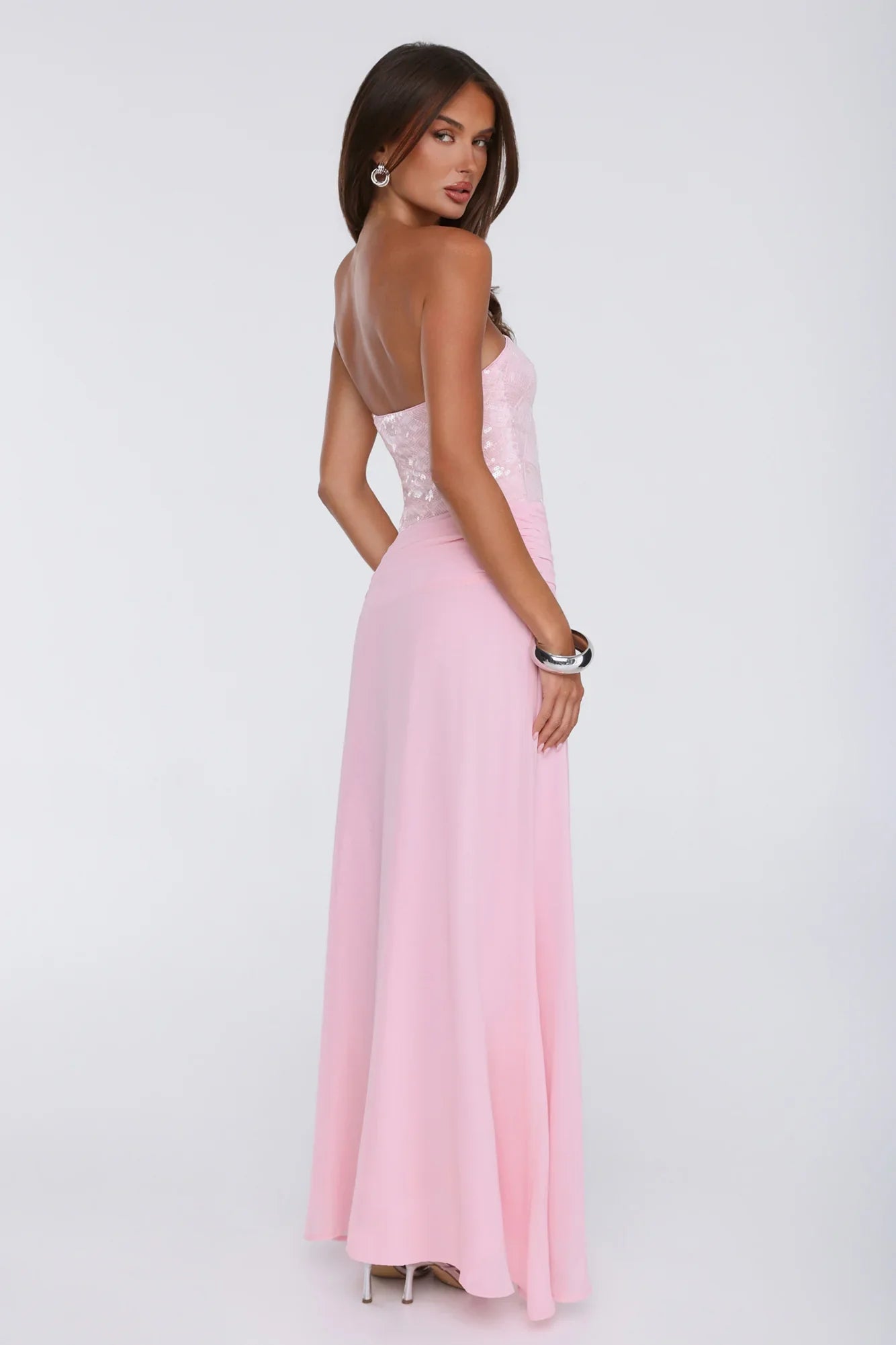 Shine Into Midnight Strapless Sequin Maxi Dress Pink