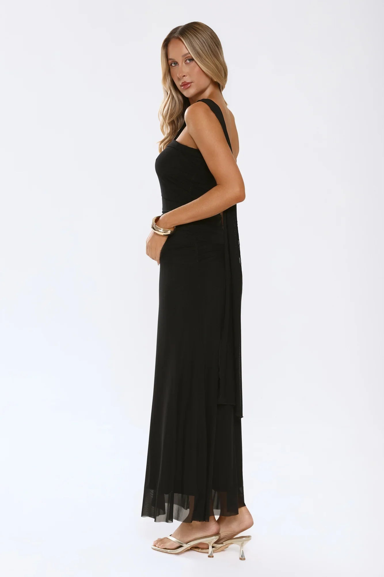 Evening Allure Mesh Strapless Maxi Dress Black