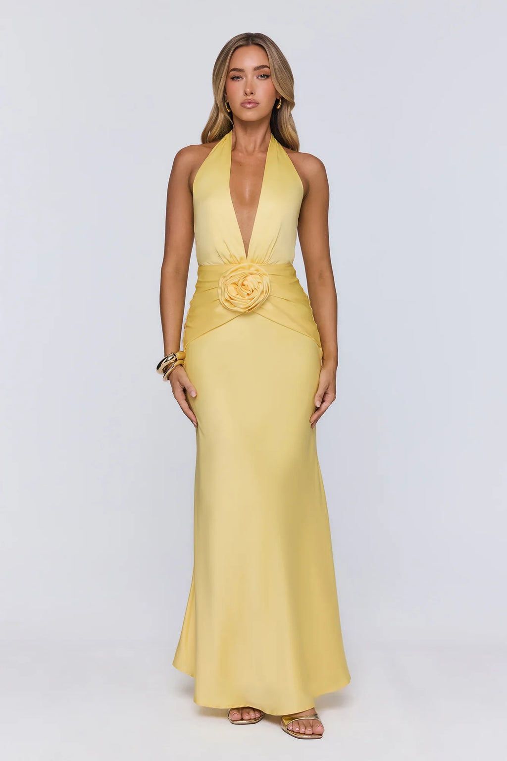 Vibe Star Halter Satin Maxi Dress Yellow