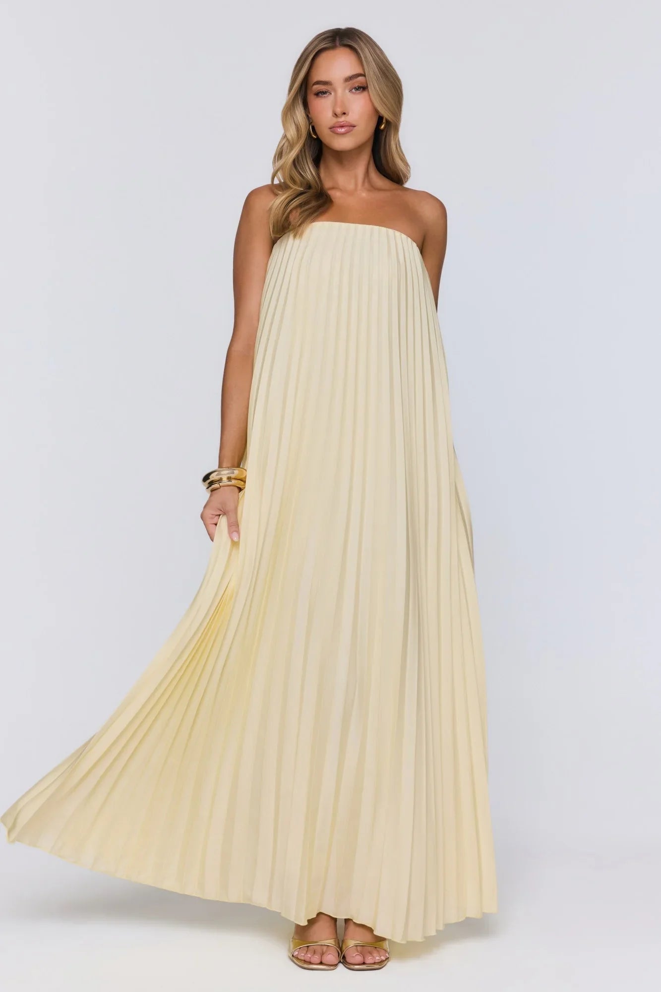 Moonlit Sea Pleated Strapless Maxi Dress Lemon