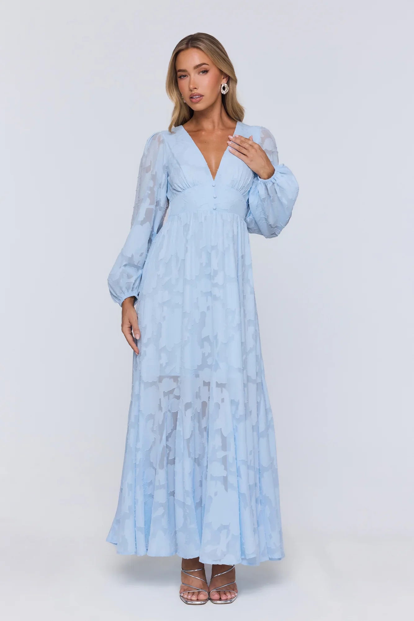 Glow Blossom Long Sleeve Maxi Dress Blue