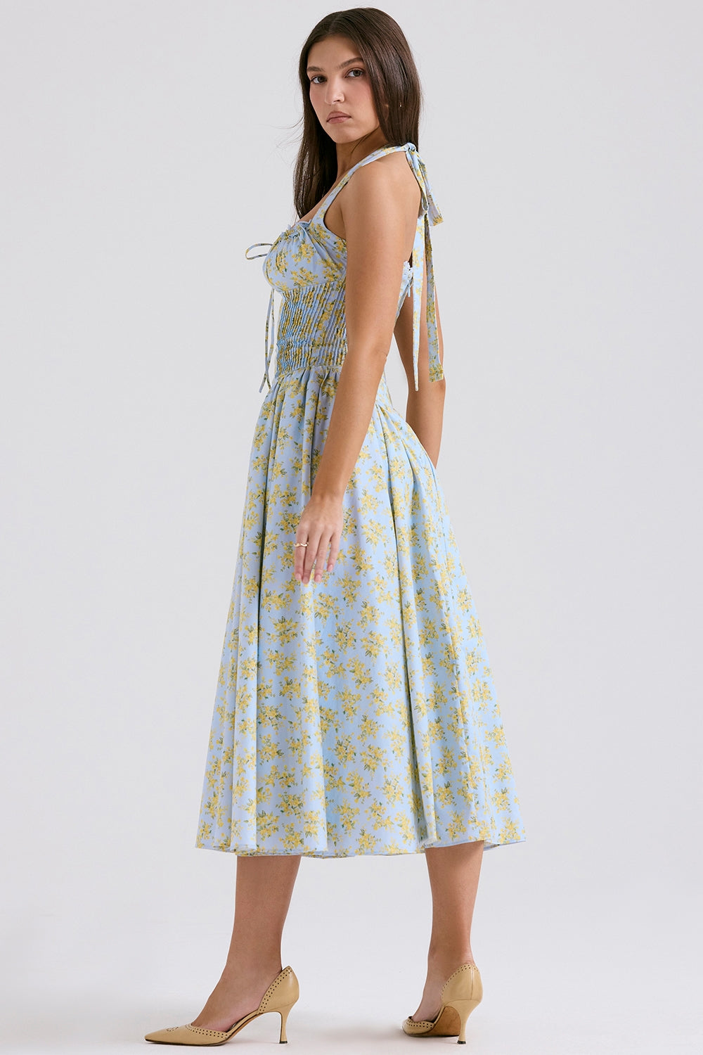 soft blue vintage floral print cotton halter sundress