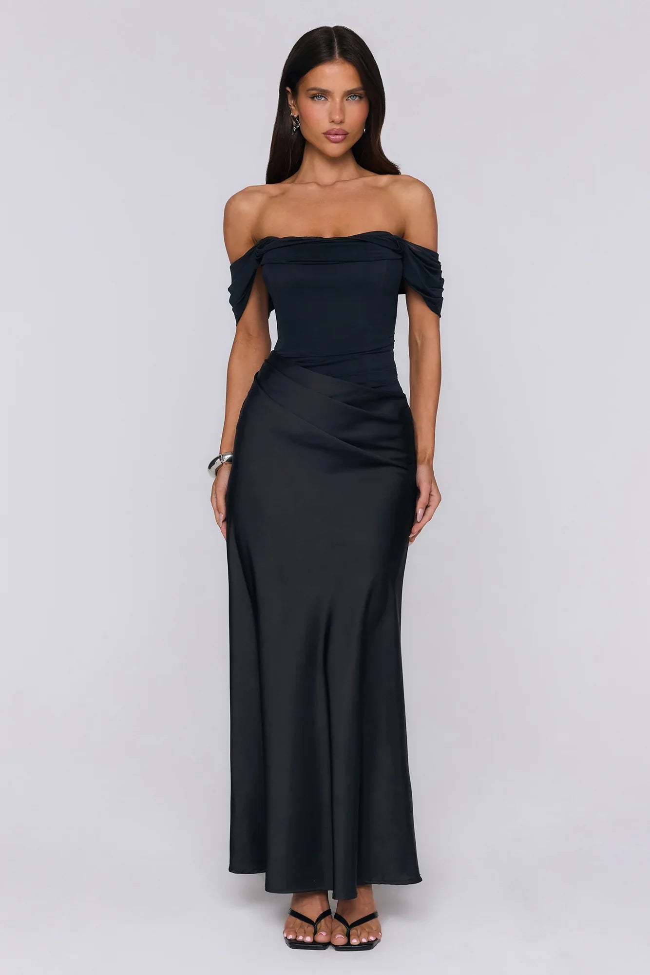 Evening Muse Off Shoulder Mesh Maxi Dress Black