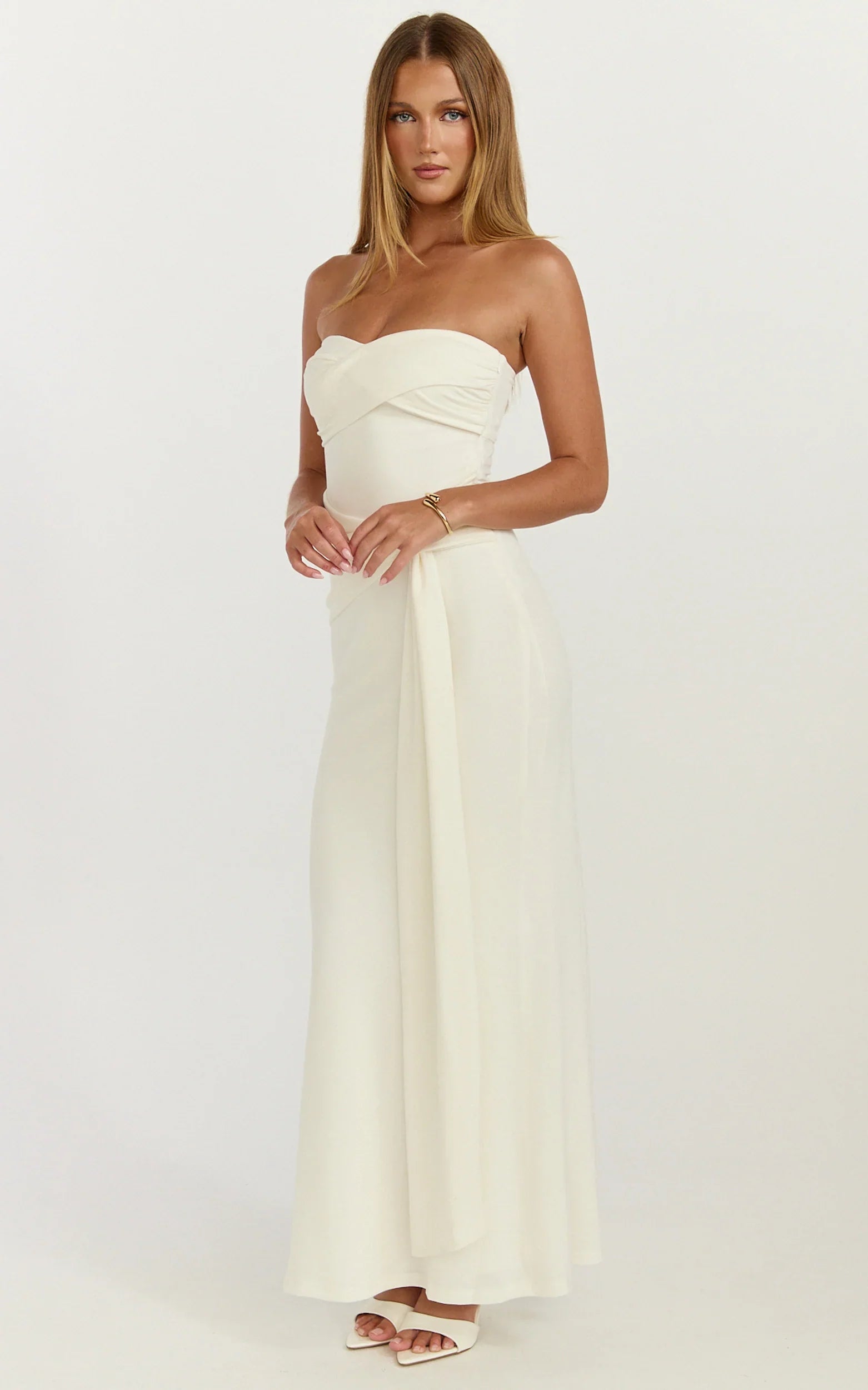 Aria Midi Dress - Strapless Tie Waist Dress in Off White