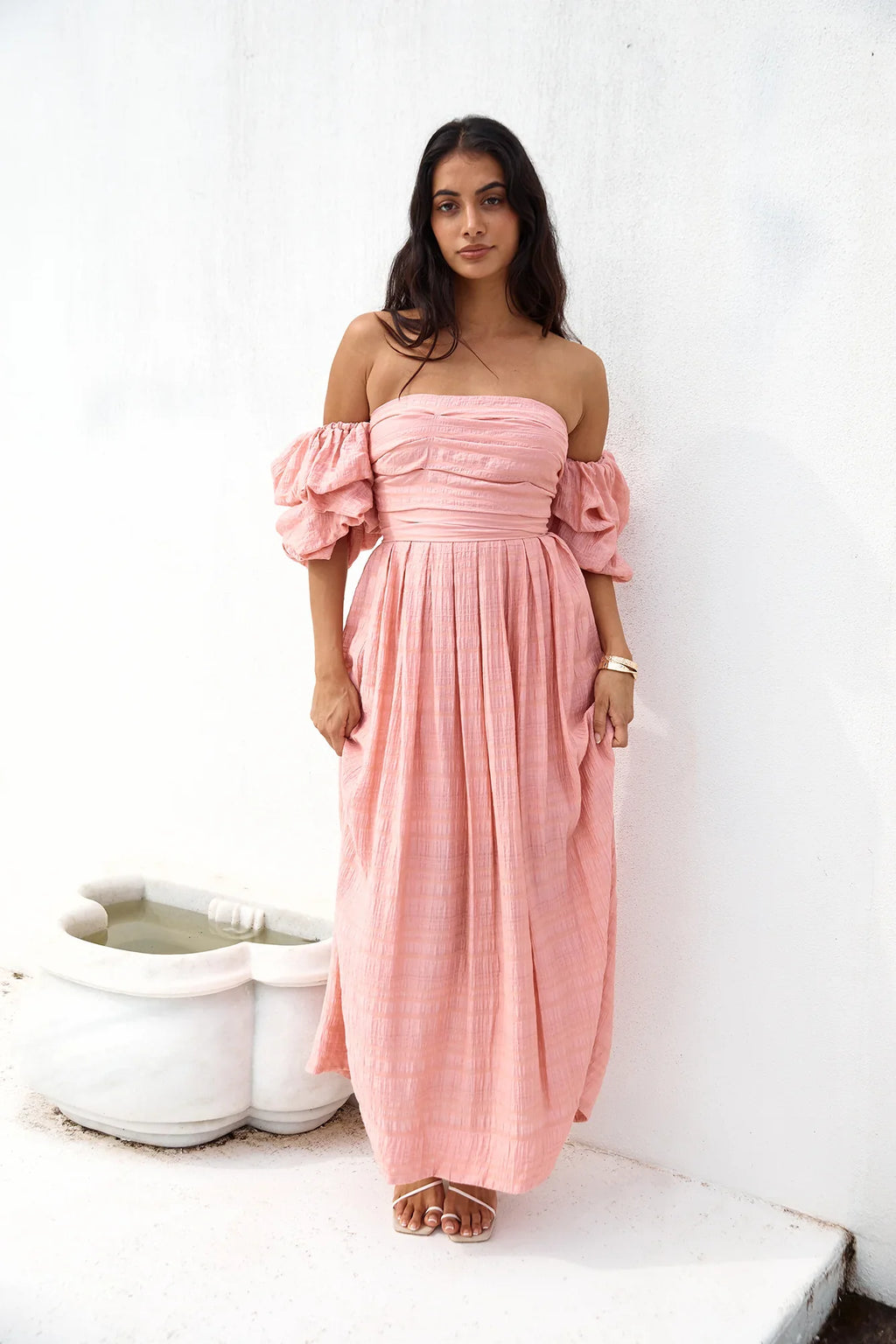 High Tea Off Shoulder Maxi Dress Pink