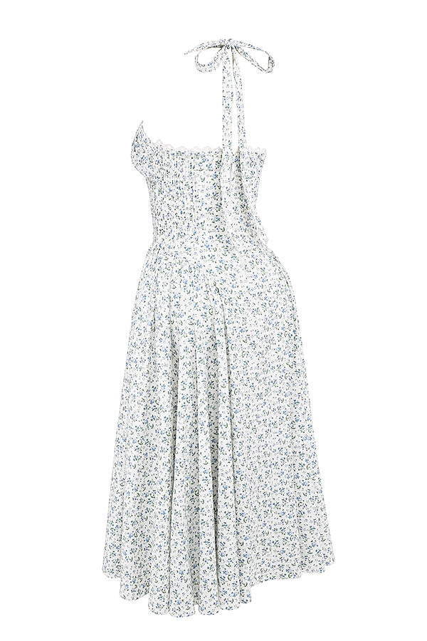white bluebell print cotton halter sundress