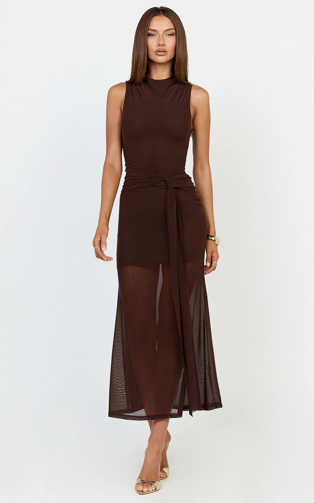 Jaimae Midi Dress - High Neck Side Knot Detail Mesh Dress in Chocolate