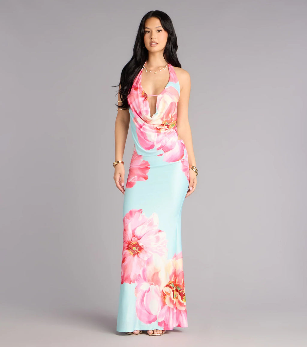 Bold Confidence Floral Print Cowl Neck Maxi Dress