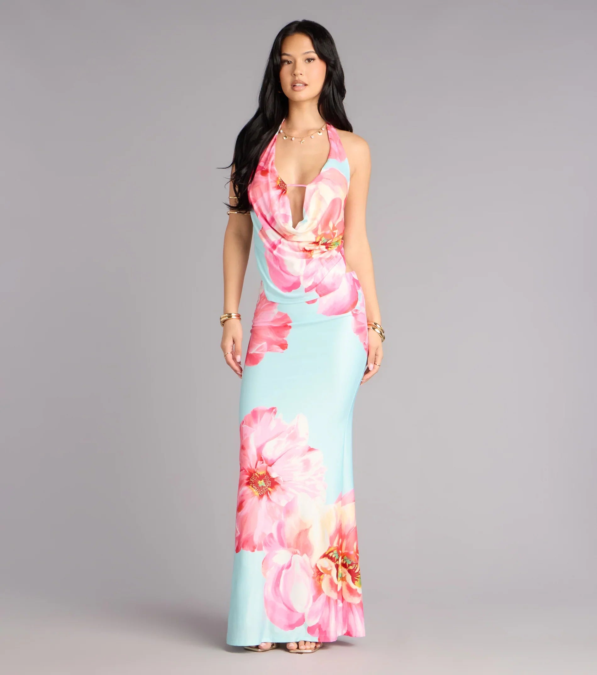 Bold Confidence Floral Print Cowl Neck Maxi Dress