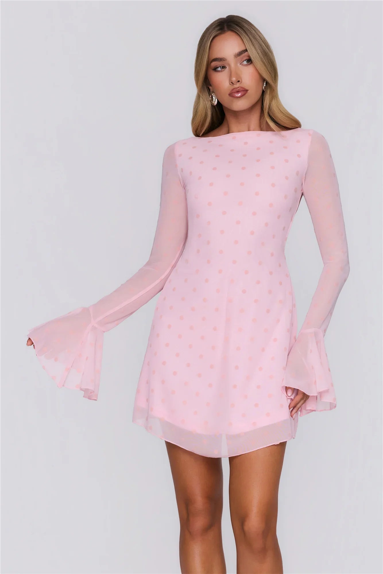 Sunset Season Long Sleeve Polka Dot Mini Dress Pink