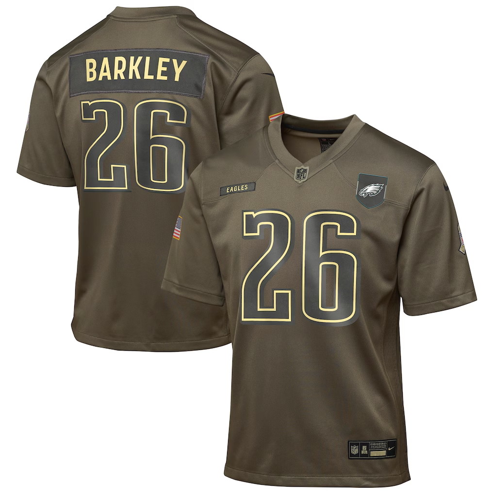 Youth Philadelphia Eagles Saquon Barkley Nike Olive 2025 Salute to Service Game Jersey