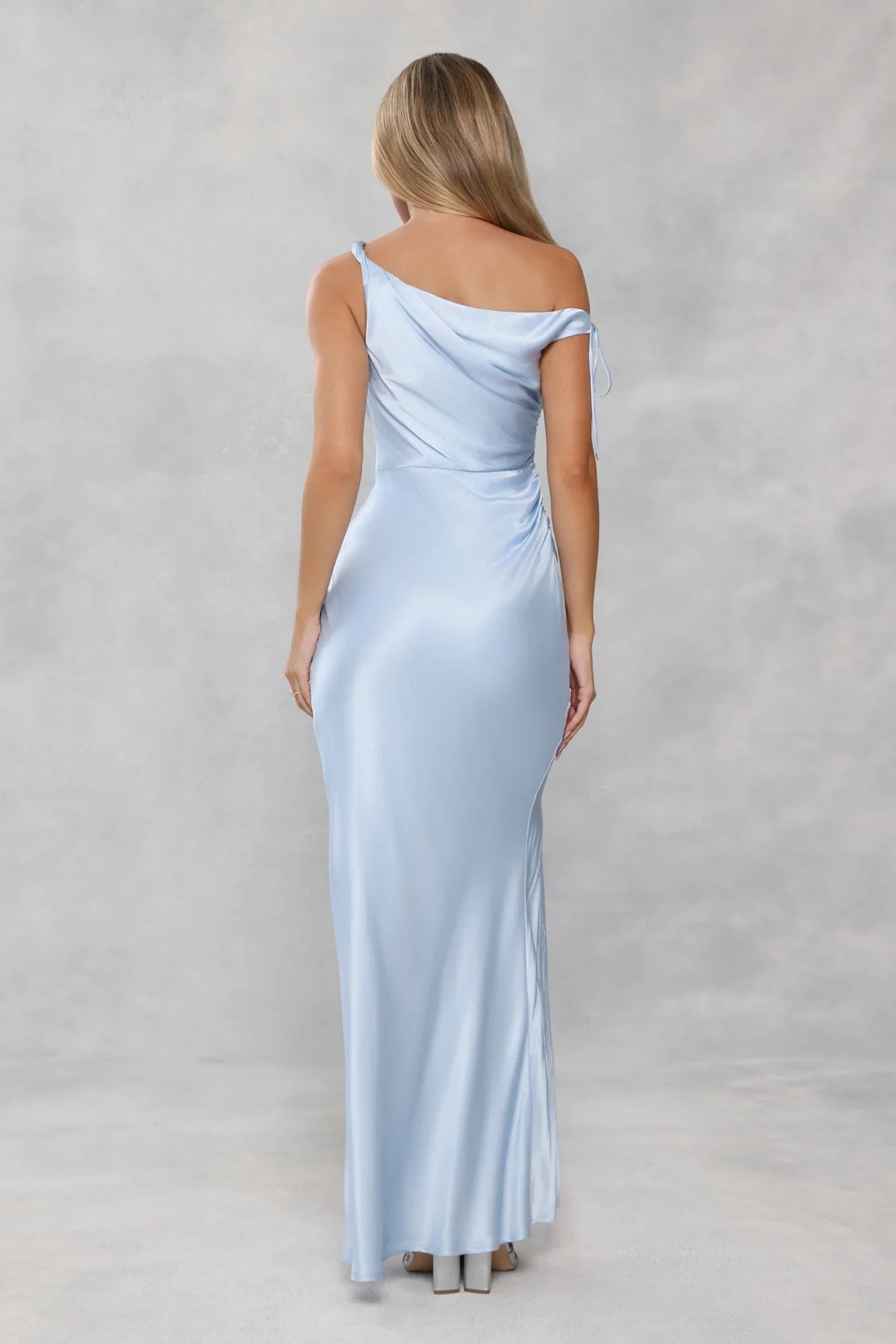 The Clover Off Shoulder Satin Maxi Dress Light Blue
