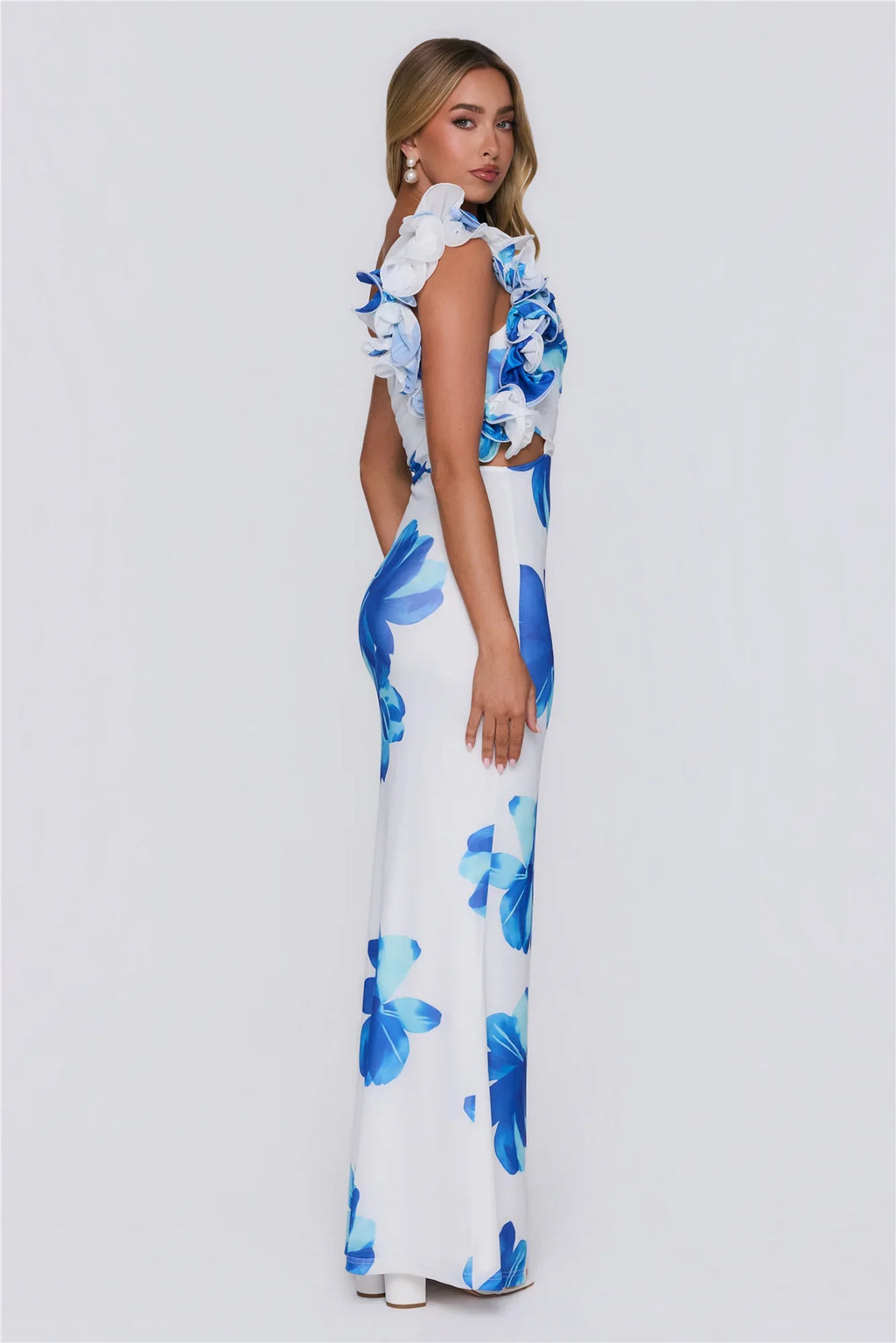 Dream Petals One Shoulder Maxi Dress Blue
