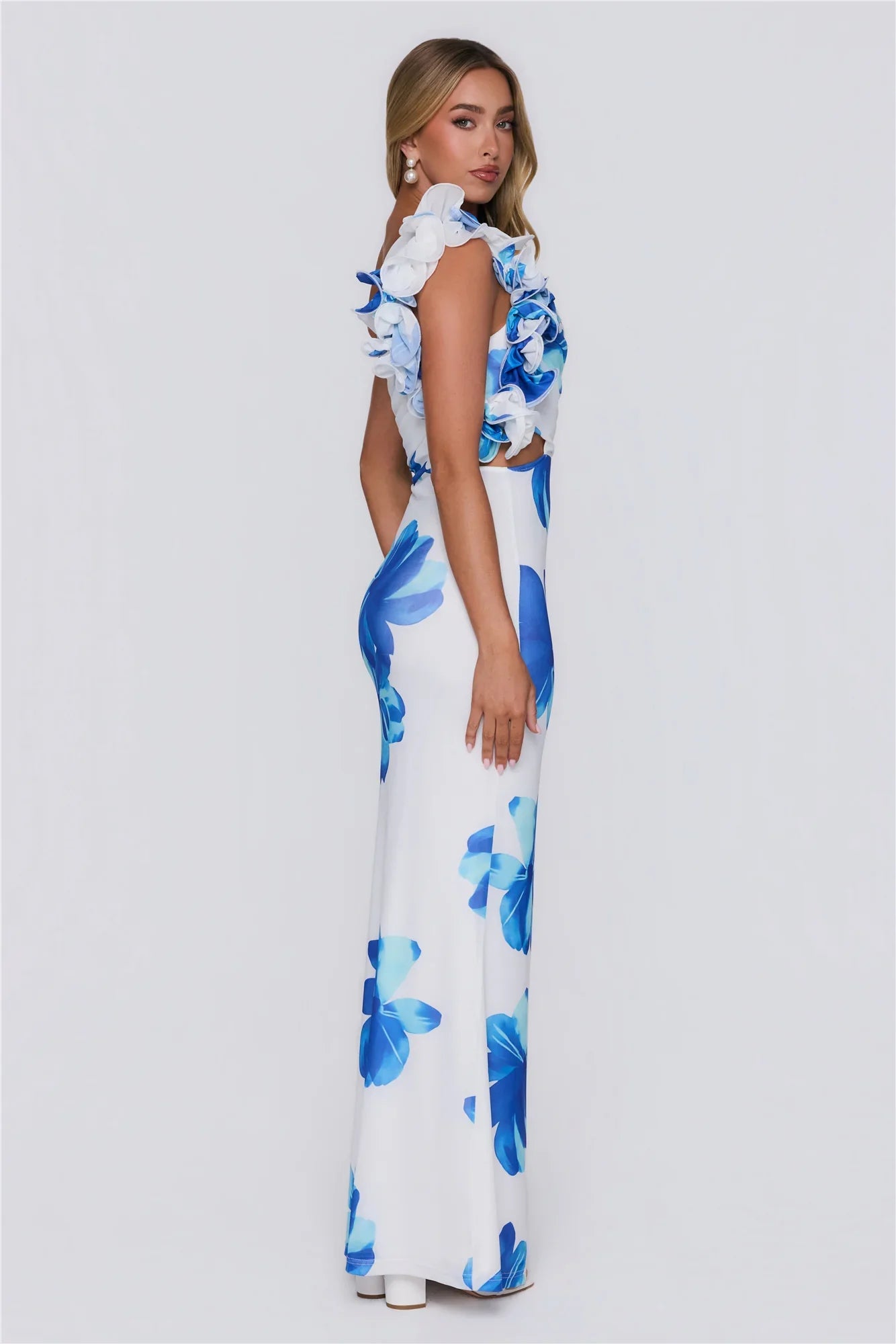 Dream Petals One Shoulder Maxi Dress Blue