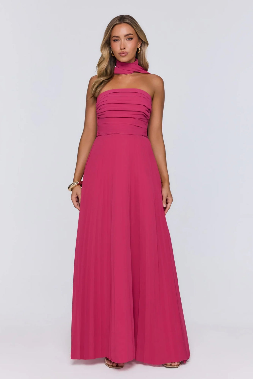 Sugar Babe Strapless Pleated Maxi Dress Magenta