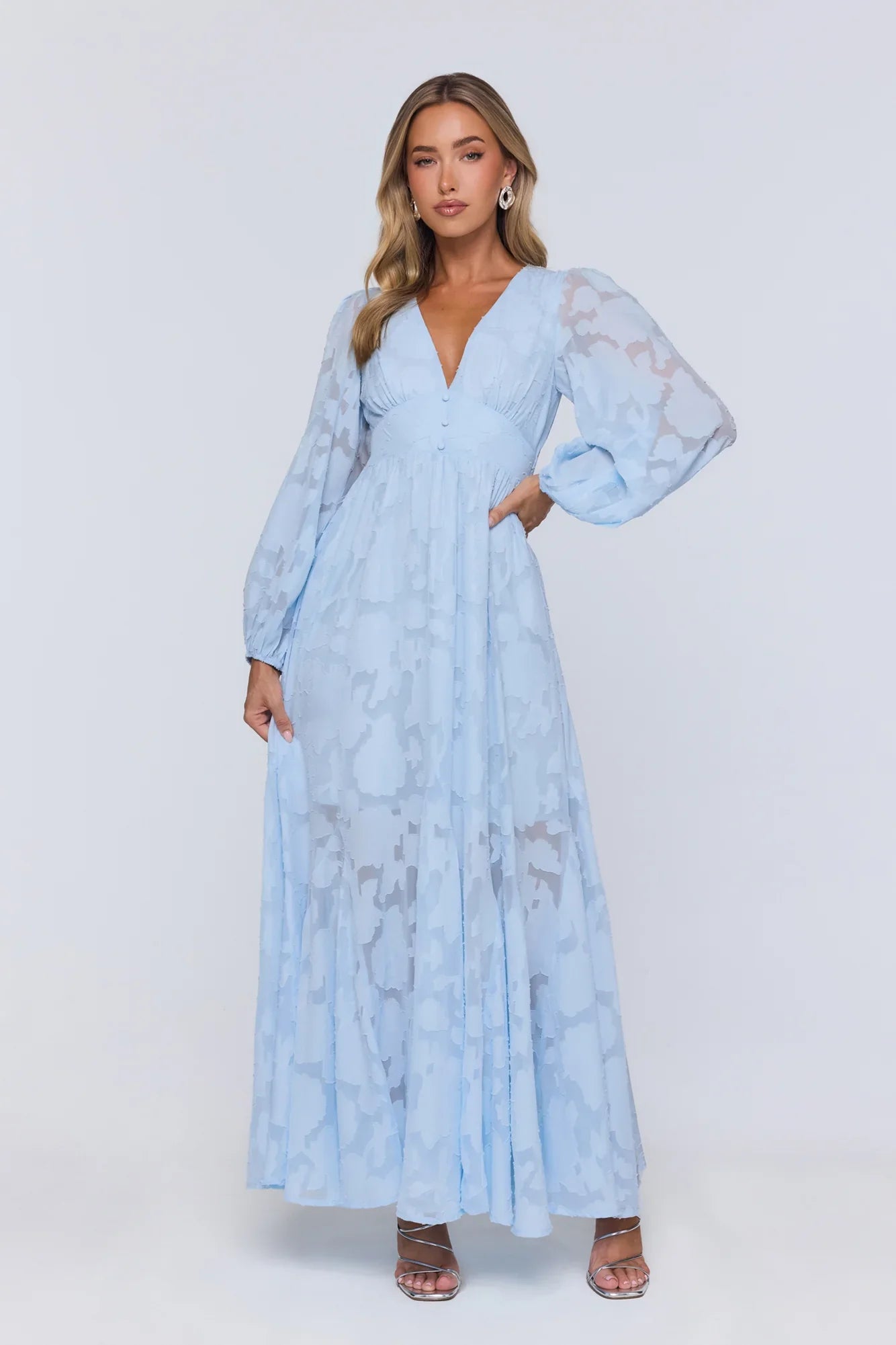 Glow Blossom Long Sleeve Maxi Dress Blue