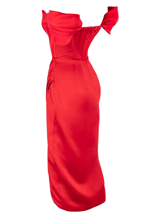 red satin off shoulder dress