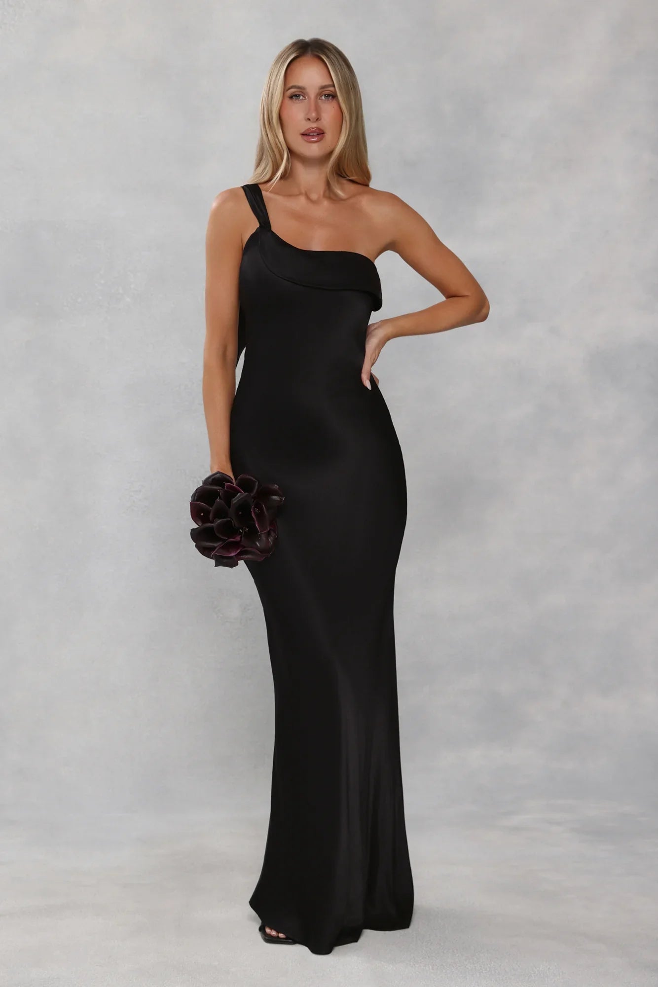 The Zafira One Shoulder Satin Maxi Dress Black