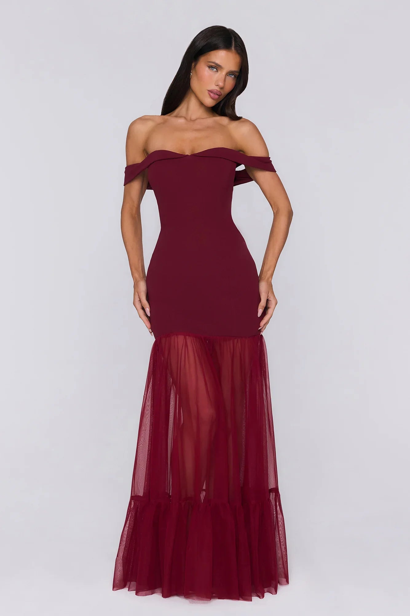 Pretty Lullaby Off Shoulder Maxi Dress Burgundy