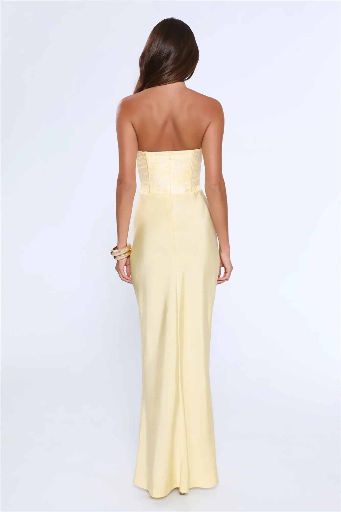 Dressed To Dazzle Strapless Satin Maxi Dress Yellow