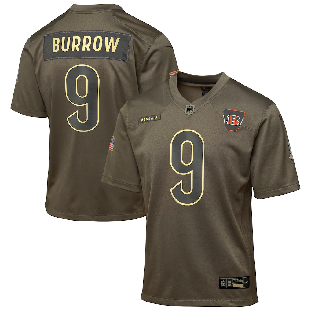 Youth Cincinnati Bengals Joe Burrow Nike Olive 2025 Salute to Service Game Jersey