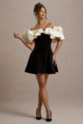 Brynne | Black & Cream Velvet Mini Dress With Satin Puff Sleeves