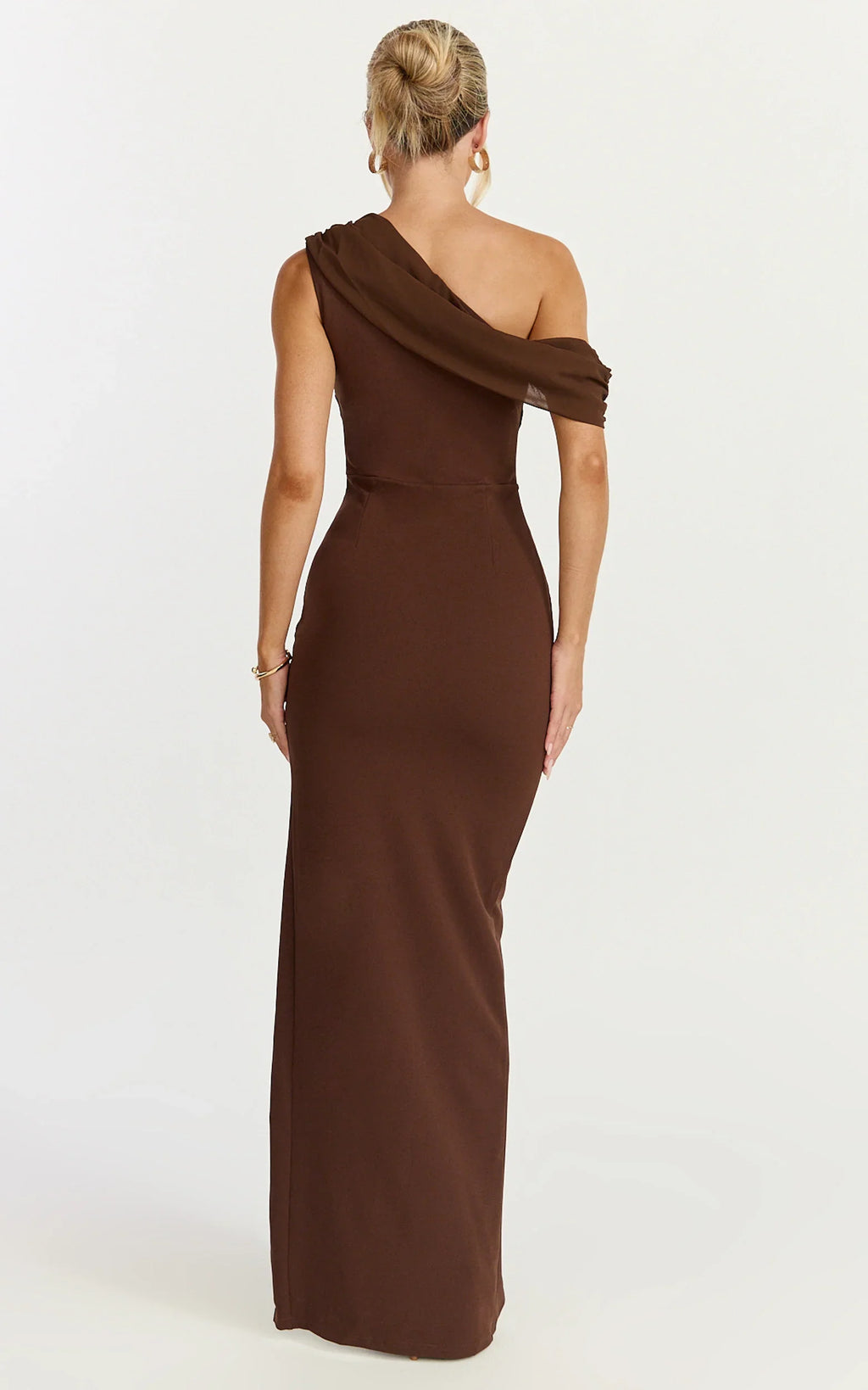Helen Maxi Dress - One Shoulder Draped Fitted Dress in Chocolate