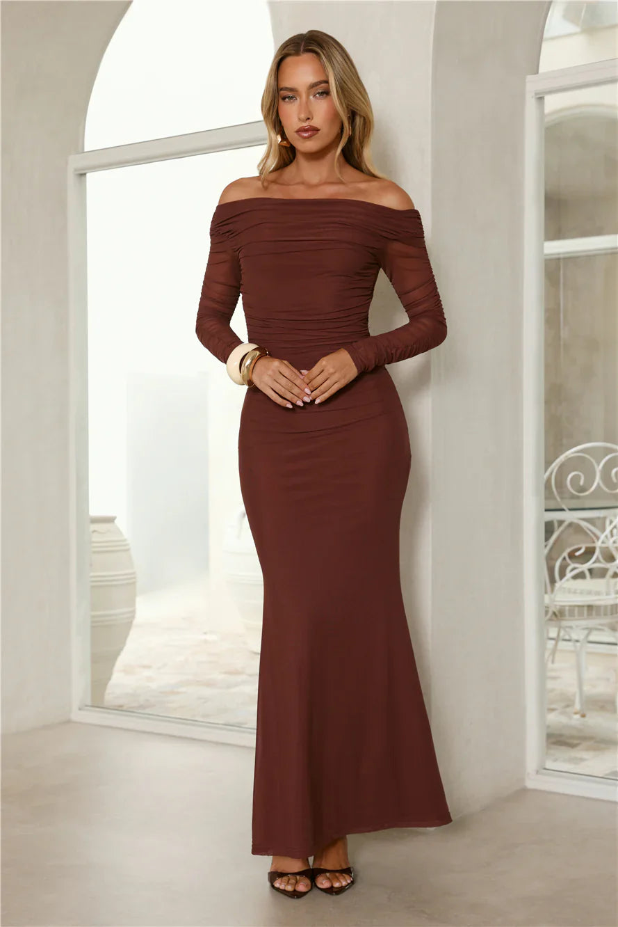 Glam Mesh Off-Shoulder Maxi Dress Rust