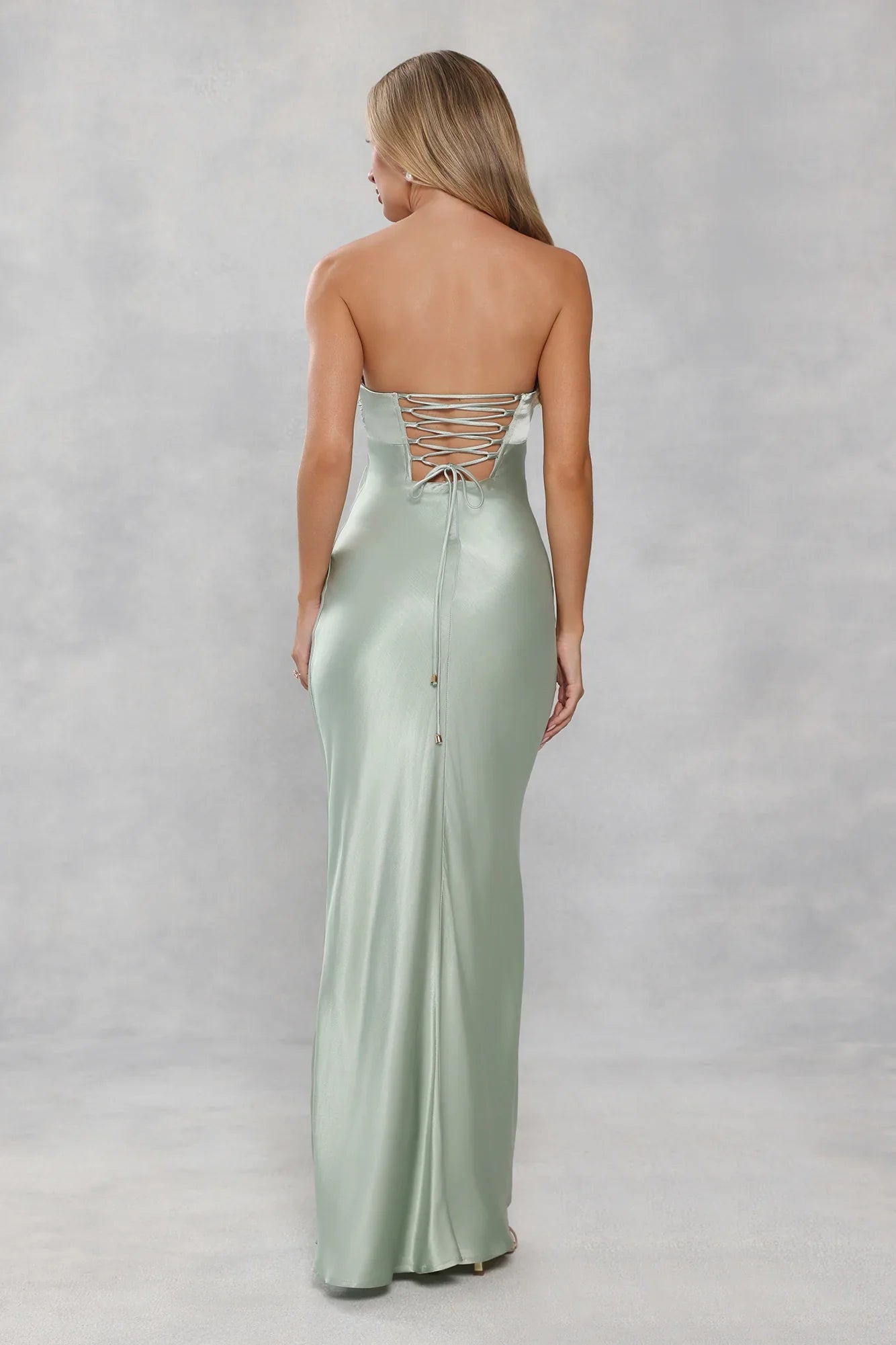 The Seraphina Strapless Satin Maxi Dress Sage Green