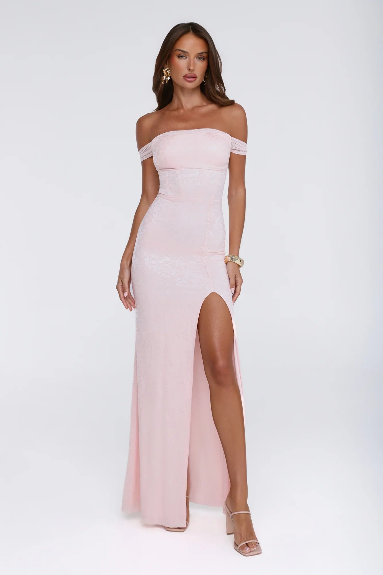 Night Bloom Off Shoulder Maxi Dress Pink