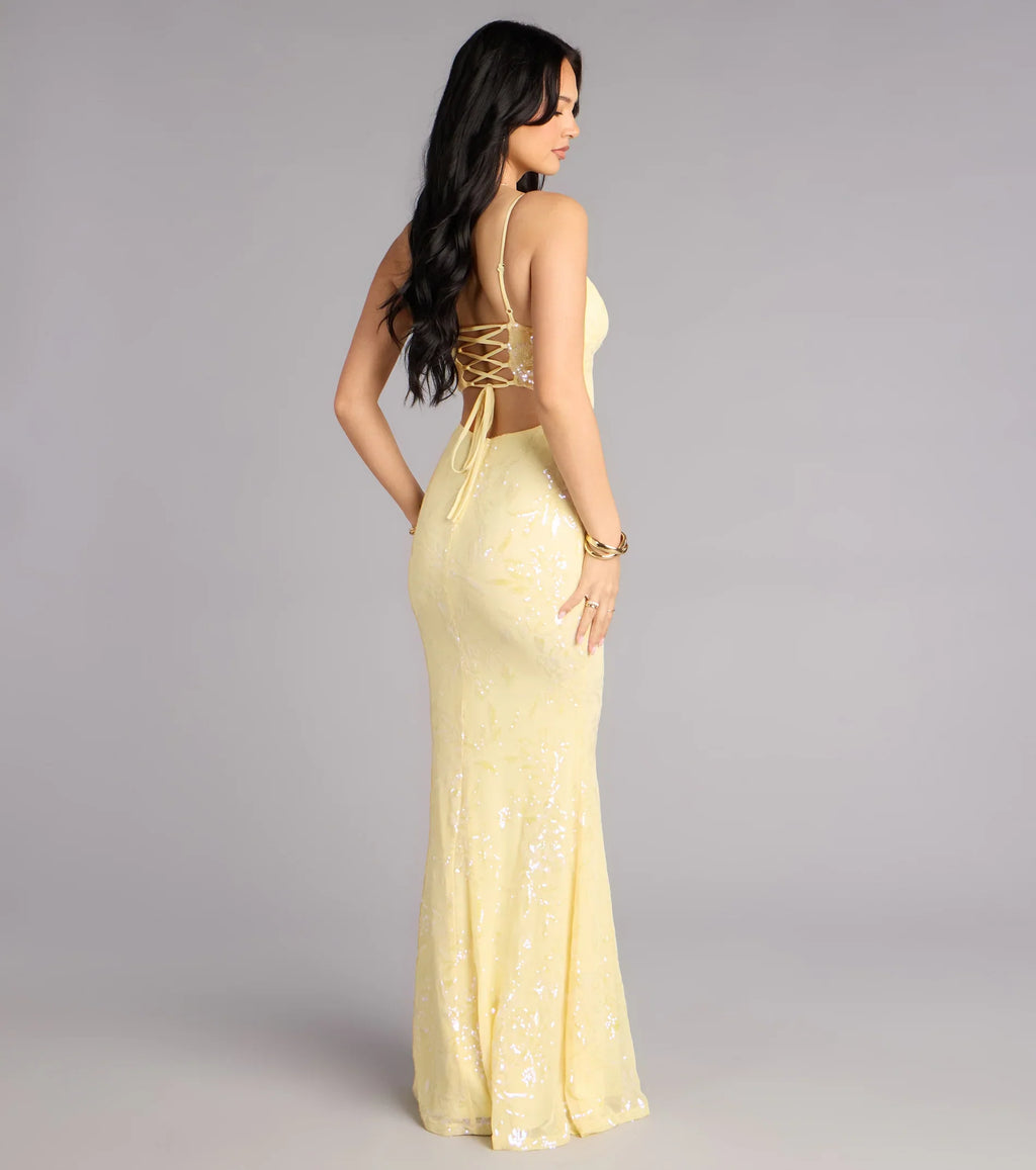 Aila Floral Sequin Mesh Mermaid Dress